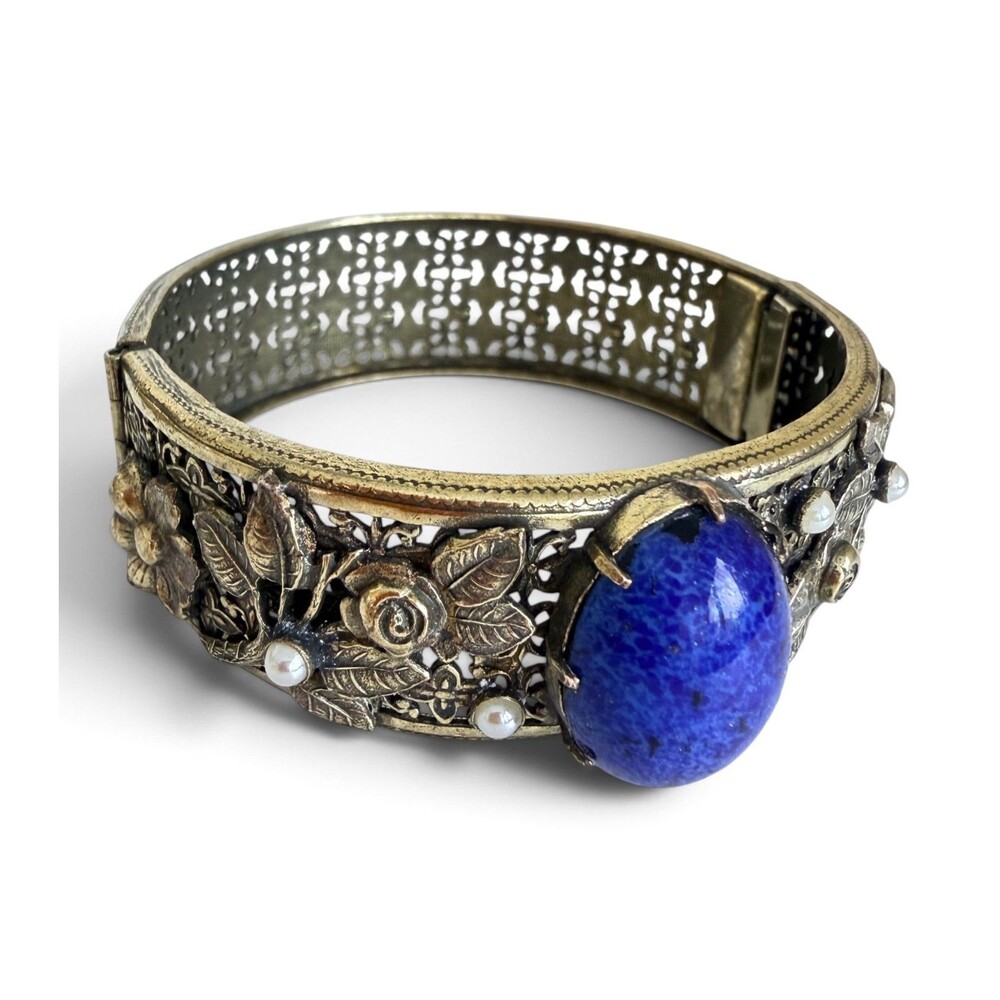 Vintage 1950s Filigree Hinged Bangle Bracelet Blue Glass Pearl Renaissance Style